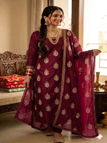 Dark Megenta Pink(Rani color) Chanderi Silk with White cord Motifs Fabric