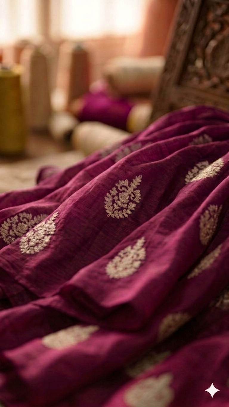 Dark Megenta Pink(Rani color) Chanderi Silk with White cord Motifs Fabric