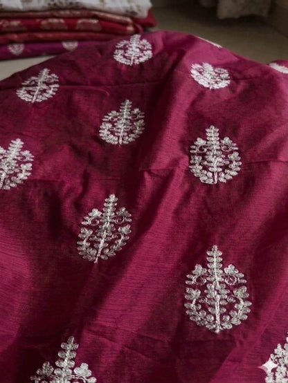 Dark Megenta Pink(Rani color) Chanderi Silk with White cord Motifs Fabric