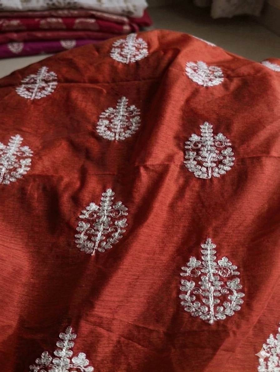 Copper-Brown Chanderi Silk with White cord Motifs Fabric