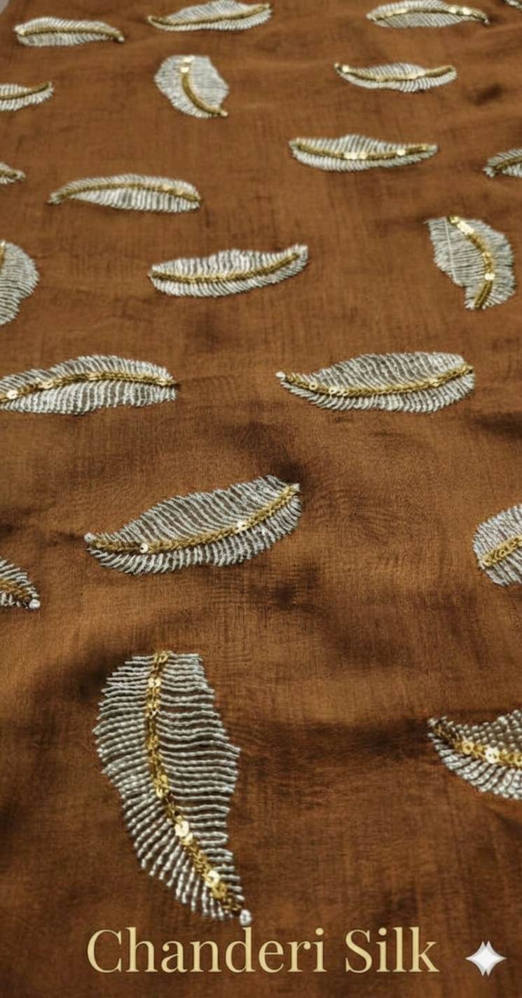 Copper_Brown colour chanderi Fabric with White Leaf & Golden Sequence Motif Embroidery