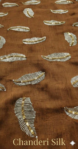 Copper_Brown colour chanderi Fabric with White Leaf & Golden Sequence Motif Embroidery
