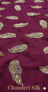 DarkMagenta Pink ( Rani) colour chanderi Fabric with White Leaf & Golden Sequence Motif Embroidery