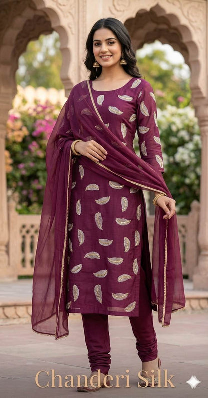 DarkMagenta Pink ( Rani) colour chanderi Fabric with White Leaf & Golden Sequence Motif Embroidery