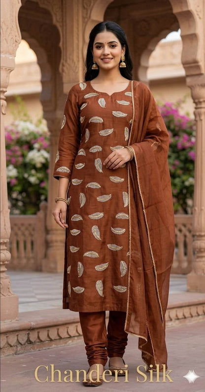 Copper_Brown colour chanderi Fabric with White Leaf & Golden Sequence Motif Embroidery