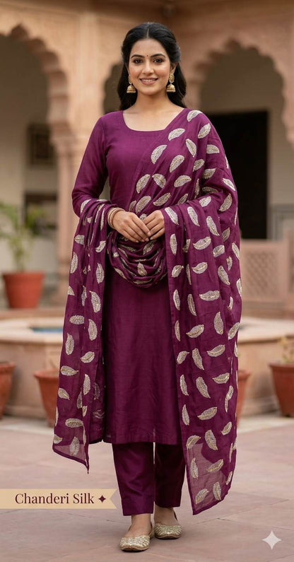 DarkMagenta Pink ( Rani) colour chanderi Fabric with White Leaf & Golden Sequence Motif Embroidery