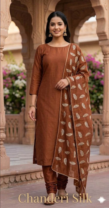 Copper_Brown colour chanderi Fabric with White Leaf & Golden Sequence Motif Embroidery