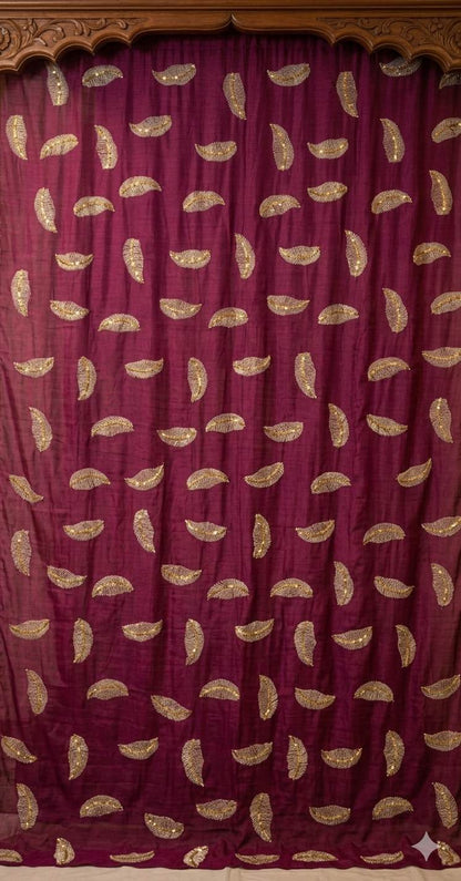 DarkMagenta Pink ( Rani) colour chanderi Fabric with White Leaf & Golden Sequence Motif Embroidery
