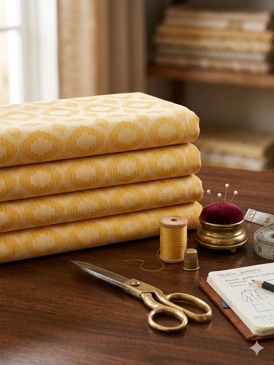 Yellow with cream ikat style jacquard pure cotton fabric