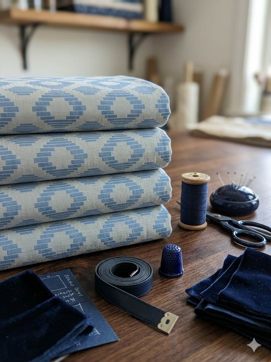 Blue with Blueish white ikat style jacquard pure cotton fabric