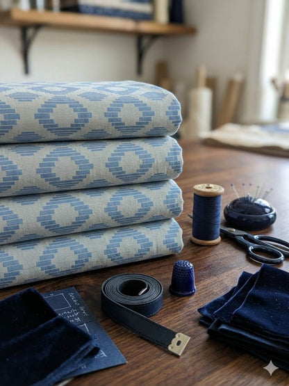 Blue with Blueish white ikat style jacquard pure cotton fabric