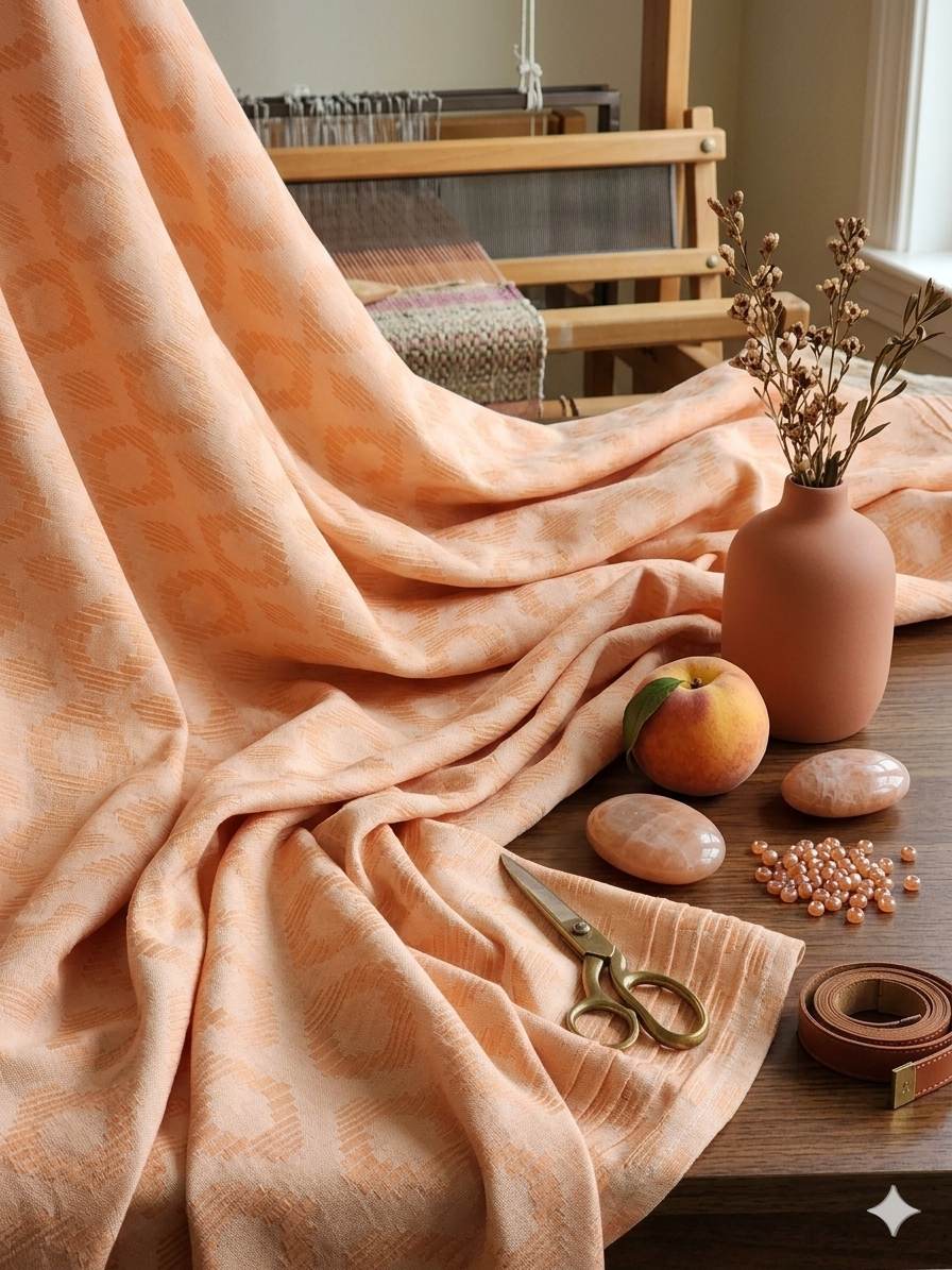Peach with Peachish white ikat style jacquard pure cotton fabric