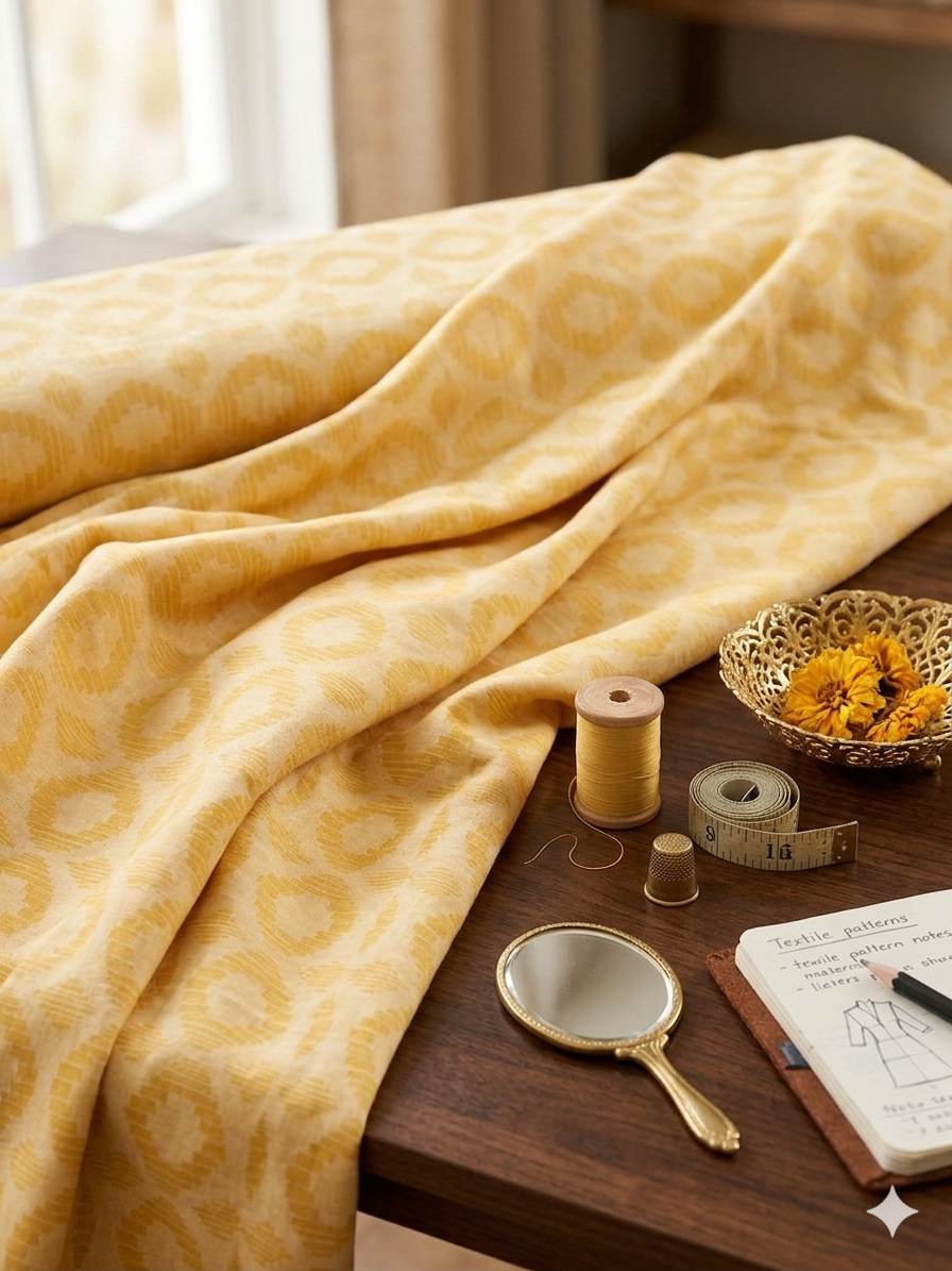 Yellow with cream ikat style jacquard pure cotton fabric