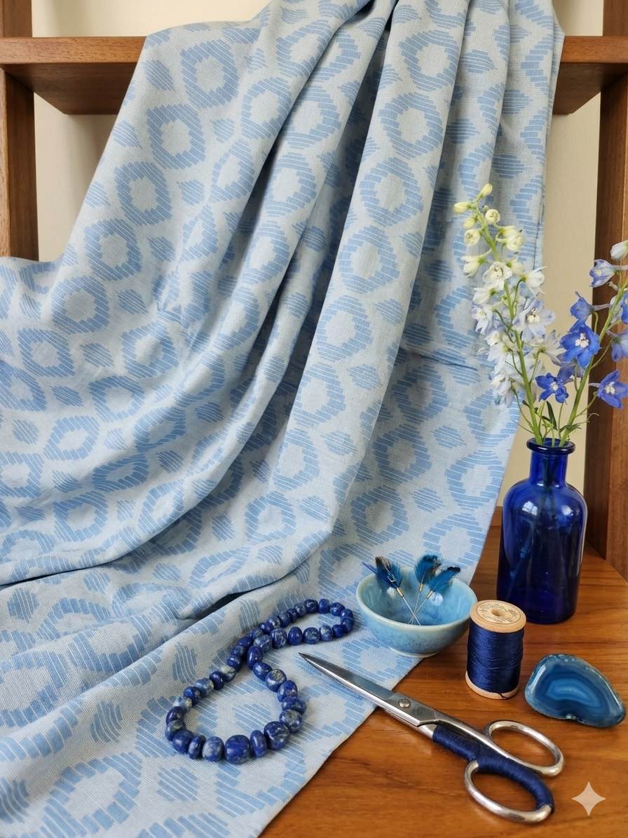 Blue with Blueish white ikat style jacquard pure cotton fabric