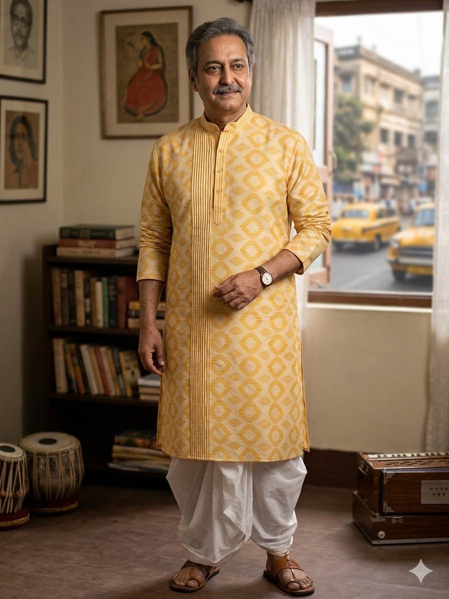 Yellow with cream ikat style jacquard pure cotton fabric