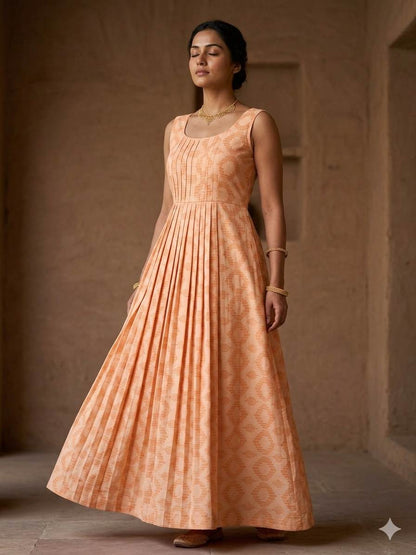 Peach with Peachish white ikat style jacquard pure cotton fabric