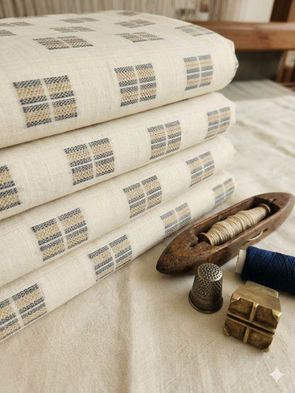Off white with Windopane Blocks Motif jacquard pure cotton fabric