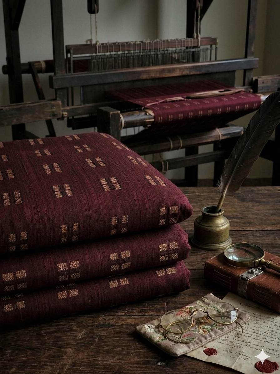 Maroon with Windopane Blocks Motif jacquard pure cotton fabric