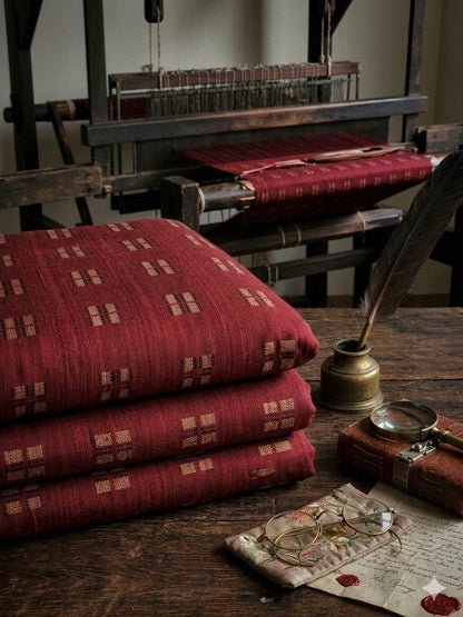 Blood Red with Windopane Blocks Motif jacquard pure cotton fabric