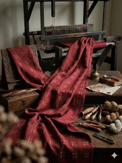 Blood Red with Windopane Blocks Motif jacquard pure cotton fabric