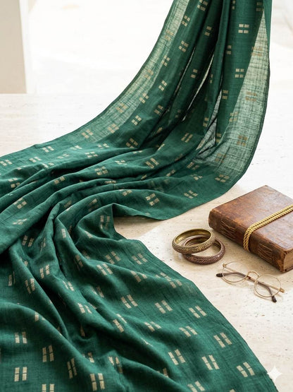 Bottle Green with Windopane Blocks Motif jacquard pure cotton fabric