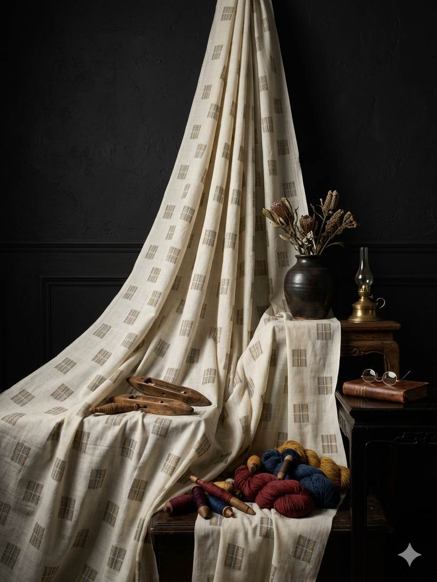 Off white with Windopane Blocks Motif jacquard pure cotton fabric
