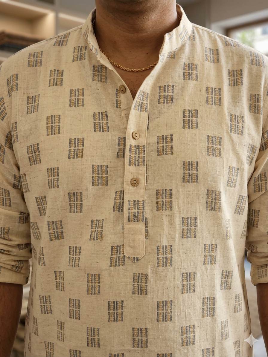 Off white with Windopane Blocks Motif jacquard pure cotton fabric