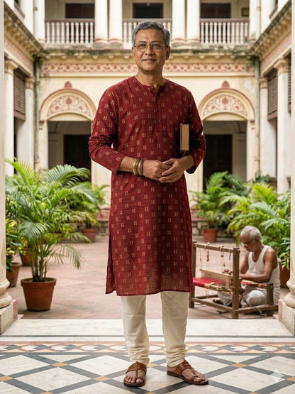 Blood Red with Windopane Blocks Motif jacquard pure cotton fabric