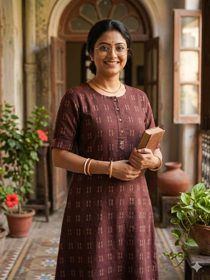 Maroon with Windopane Blocks Motif jacquard pure cotton fabric