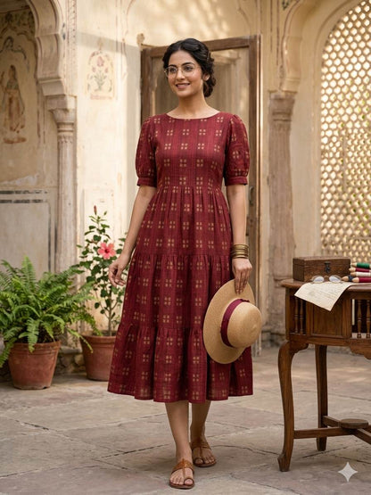 Blood Red with Windopane Blocks Motif jacquard pure cotton fabric