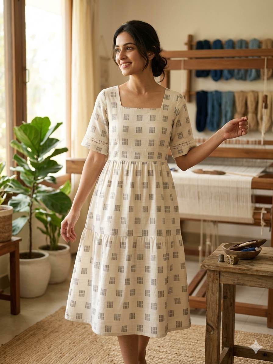 Off white with Windopane Blocks Motif jacquard pure cotton fabric