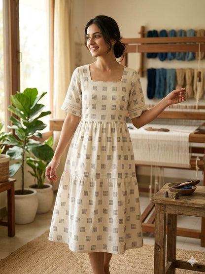 Off white with Windopane Blocks Motif jacquard pure cotton fabric