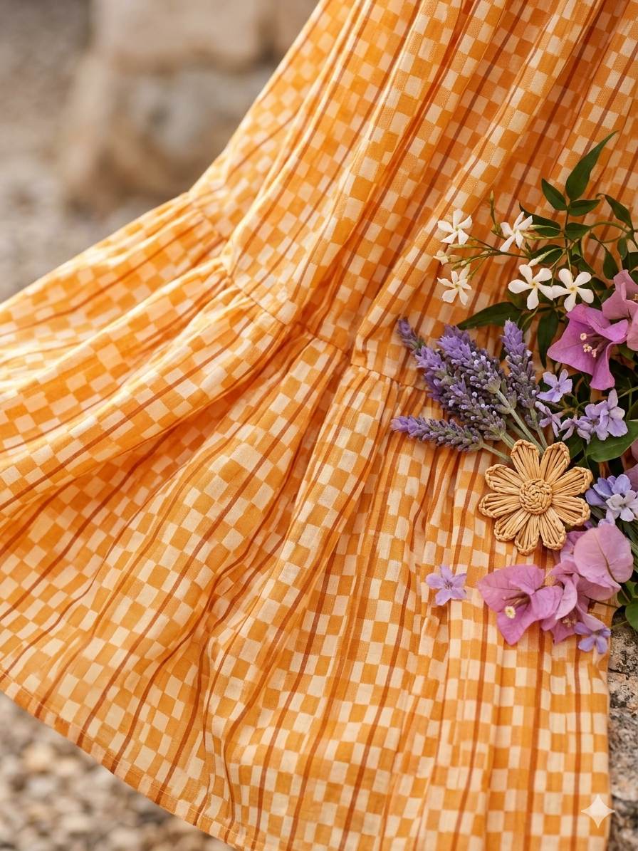 Bright Orange with White step Motif jacquard pure cotton fabric