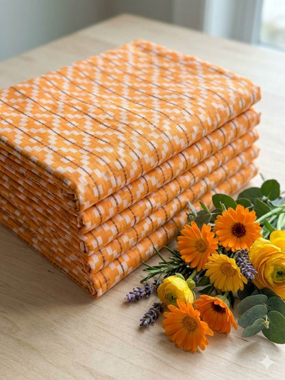 Bright Orange with White step Motif jacquard pure cotton fabric