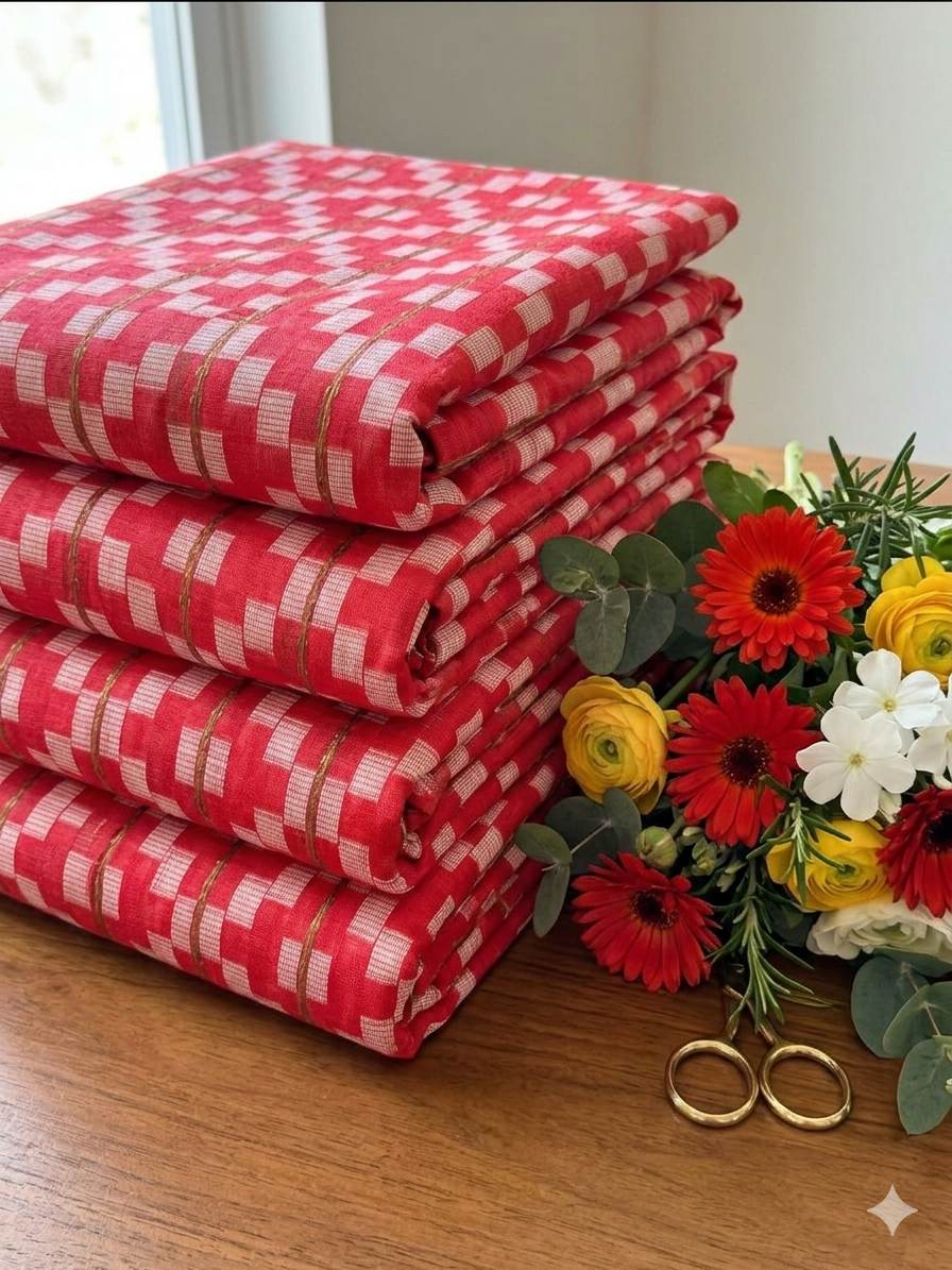 Bright Pink with White step Motif jacquard pure cotton fabric