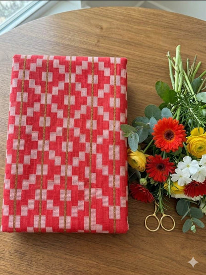 Bright Pink with White step Motif jacquard pure cotton fabric