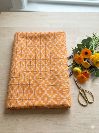 Bright Orange with White step Motif jacquard pure cotton fabric