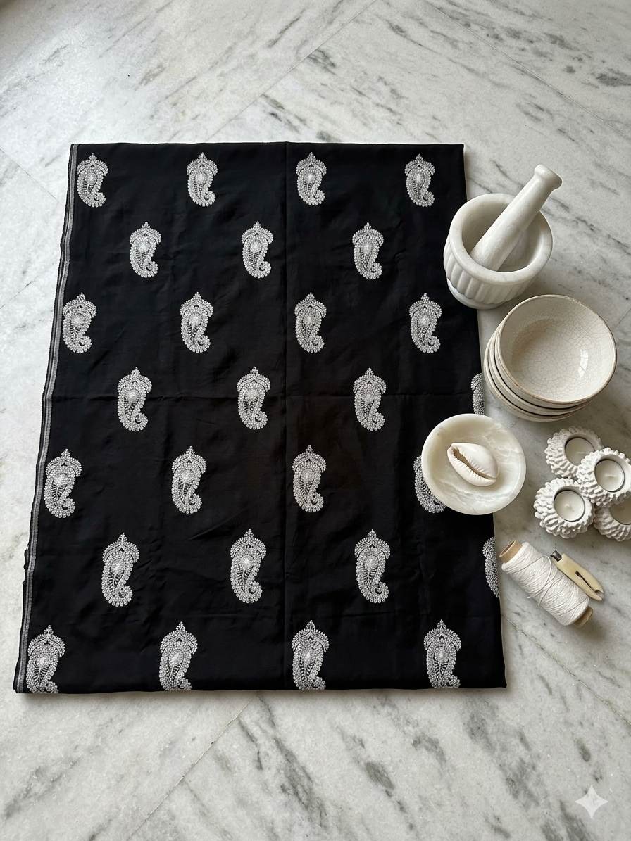 Black Chanderi Silk with White Chikankari paisleys Motifs Fabric