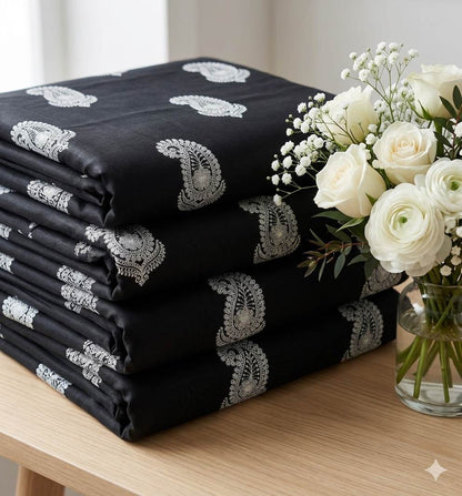 Black Chanderi Silk with White Chikankari paisleys Motifs Fabric