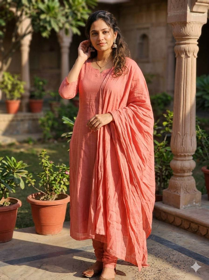 Peach Plain Malai Chanderi Silk Fabric
