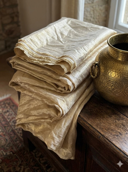 OFF WHITE base heavily infused with a golden undertone.
Metallic Shimmer Dyeble Fabric Big width