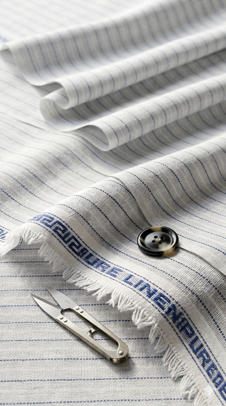 Bluish Grey Cotton Linen Fabric with Dark Blue and White Horizontal Lines