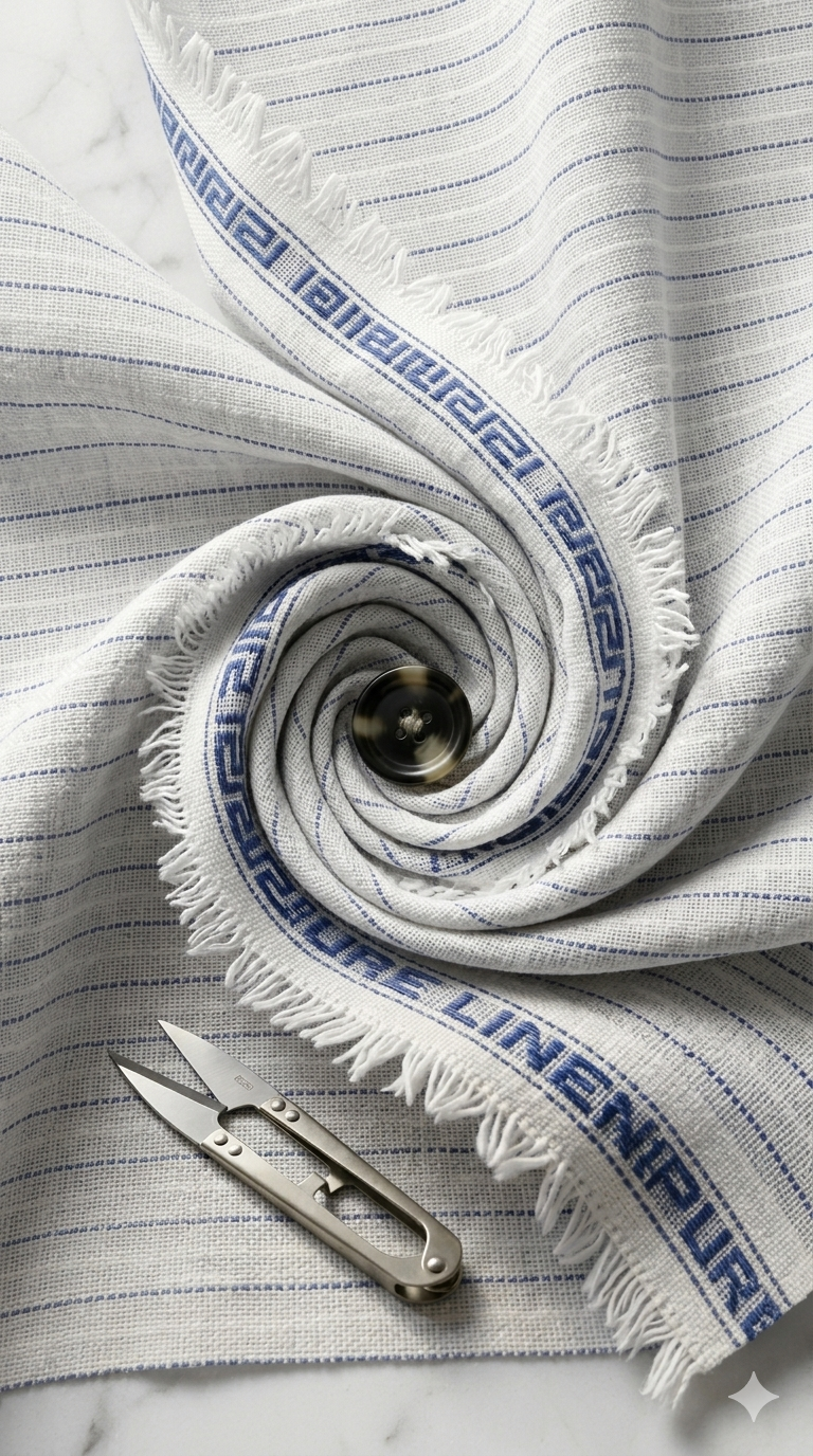 Bluish Grey Cotton Linen Fabric with Dark Blue and White Horizontal Lines