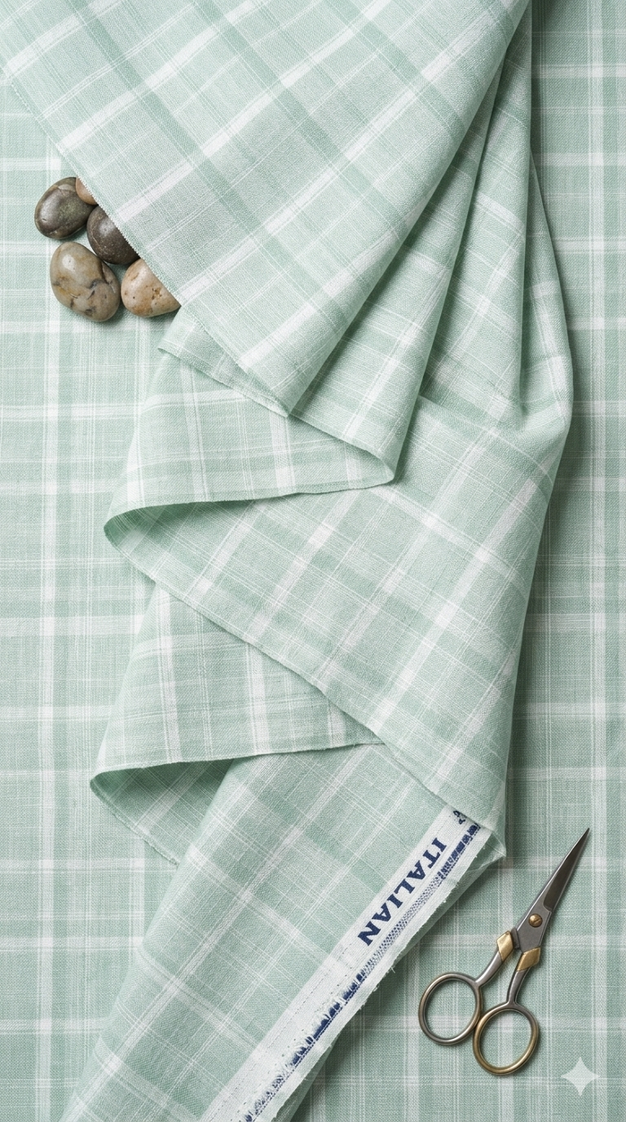 Pista Green with White Checks Premium Cotton Linen Fabric