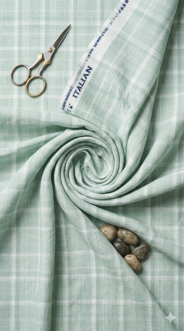 Pista Green with White Checks Premium Cotton Linen Fabric