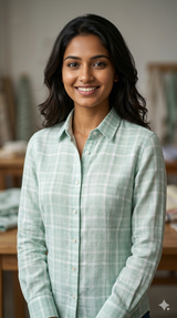 Pista Green with White Checks Premium Cotton Linen Fabric