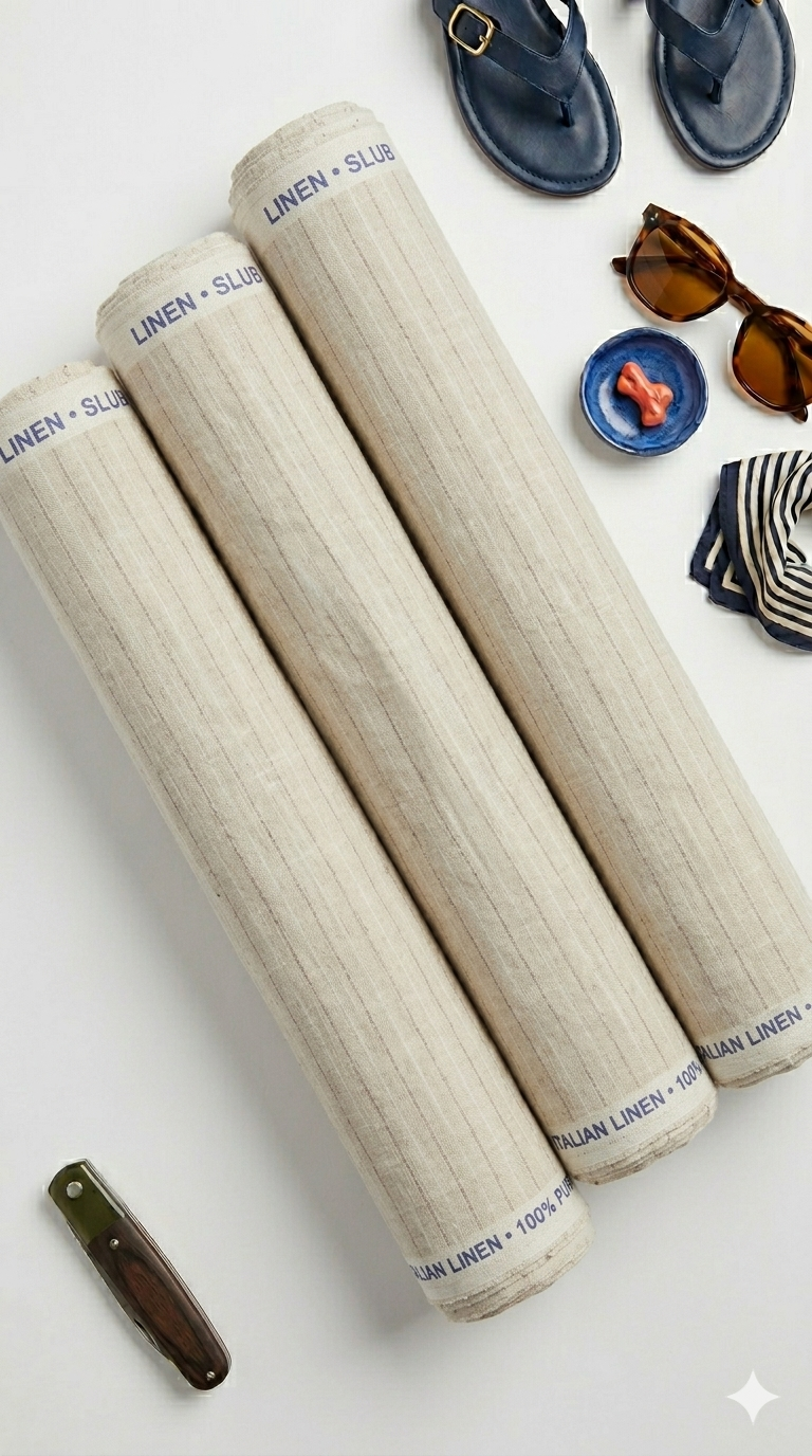 Creamish Premium Cotton Linen Fabric with Dark Brown & White Horizontal Lines