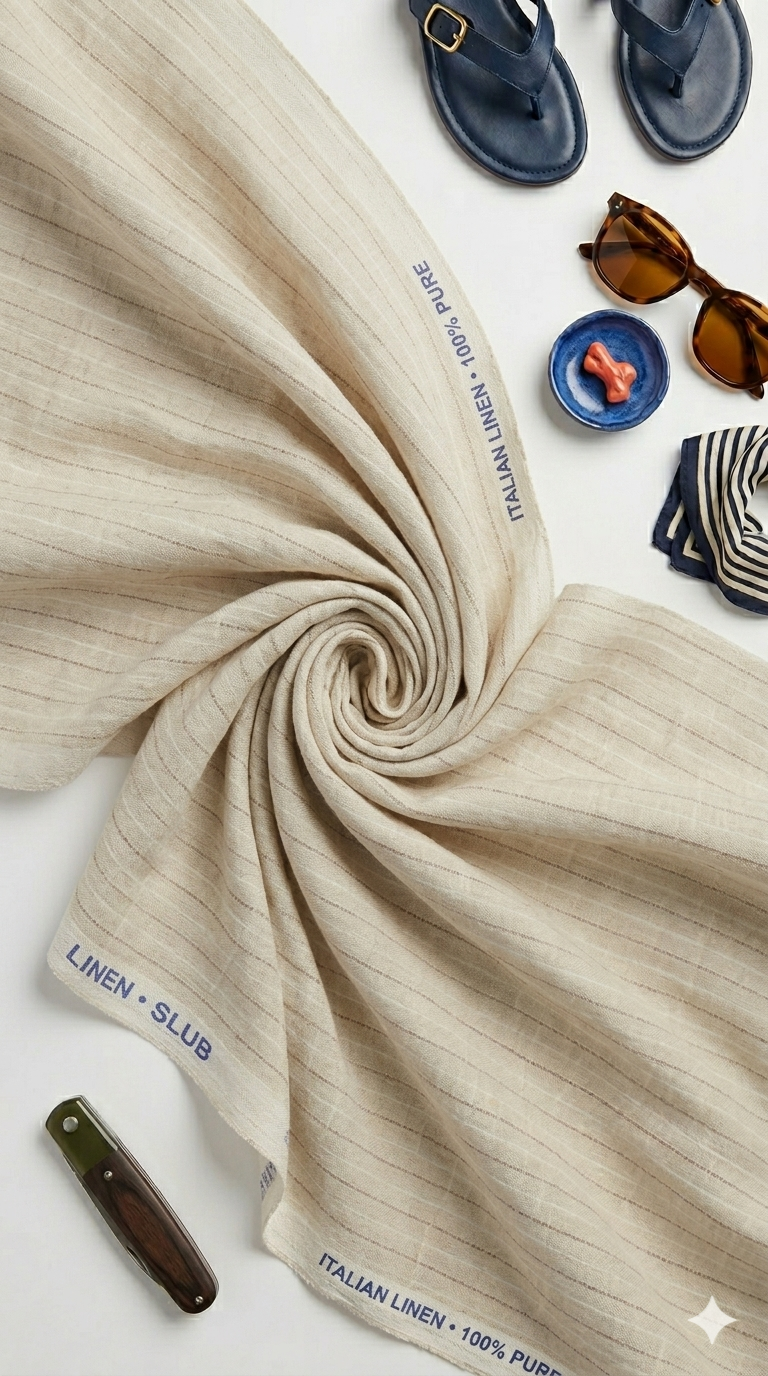 Creamish Premium Cotton Linen Fabric with Dark Brown & White Horizontal Lines