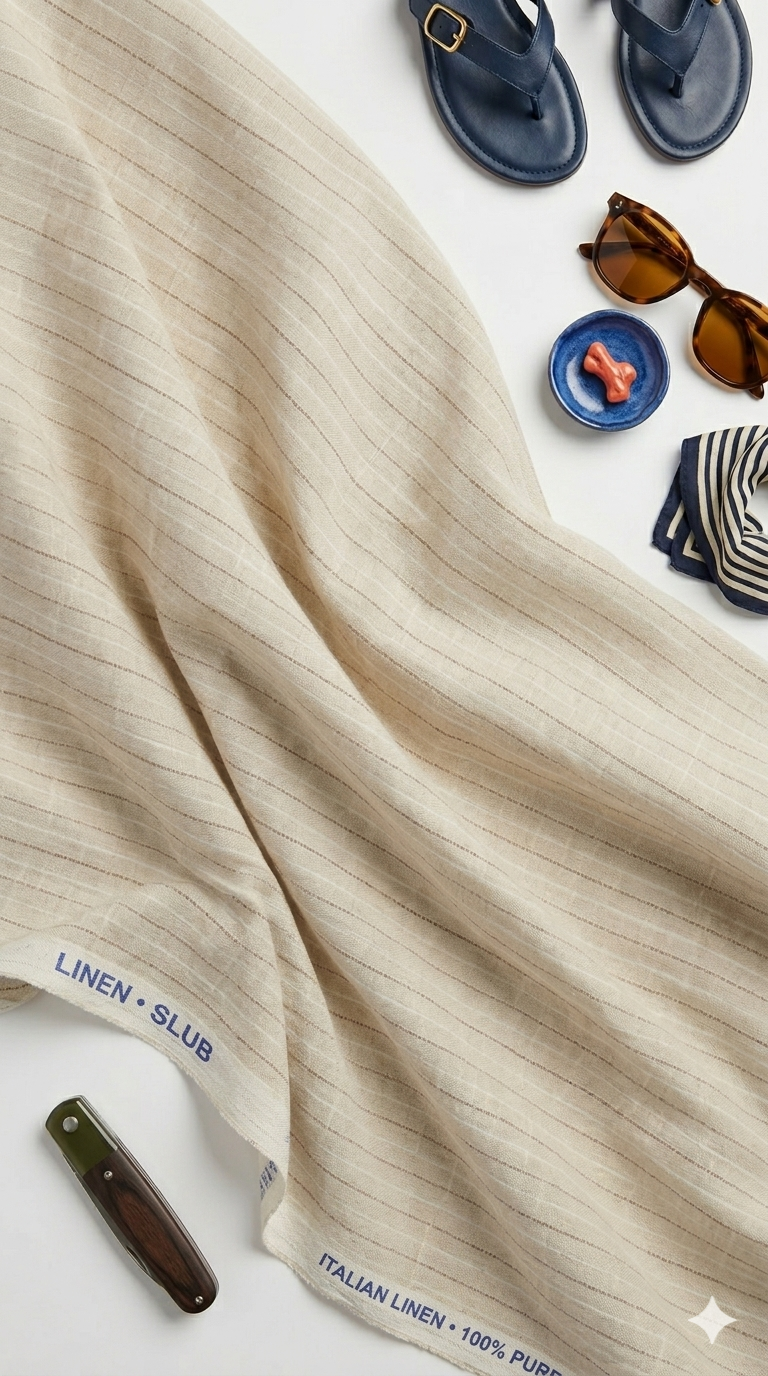 Creamish Premium Cotton Linen Fabric with Dark Brown & White Horizontal Lines