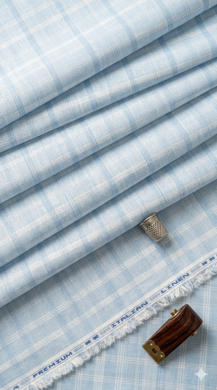 Blue with white  & Dark Blue Checks Cotton Linen Fabric